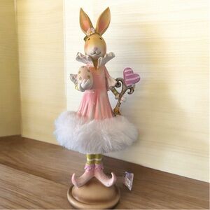 Jolie Fleur Easter Girl Pink Bunny Rabbit Faux Fur Trim Dress Figurine Decor NWT